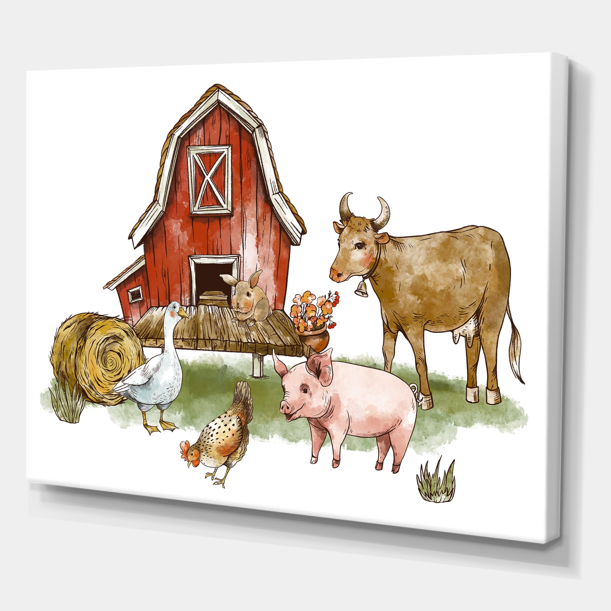 Farm House With Goose Cow Pig Chicken and Haystack 32 in x 24 in Painting Canvas Art Print, by Designart
