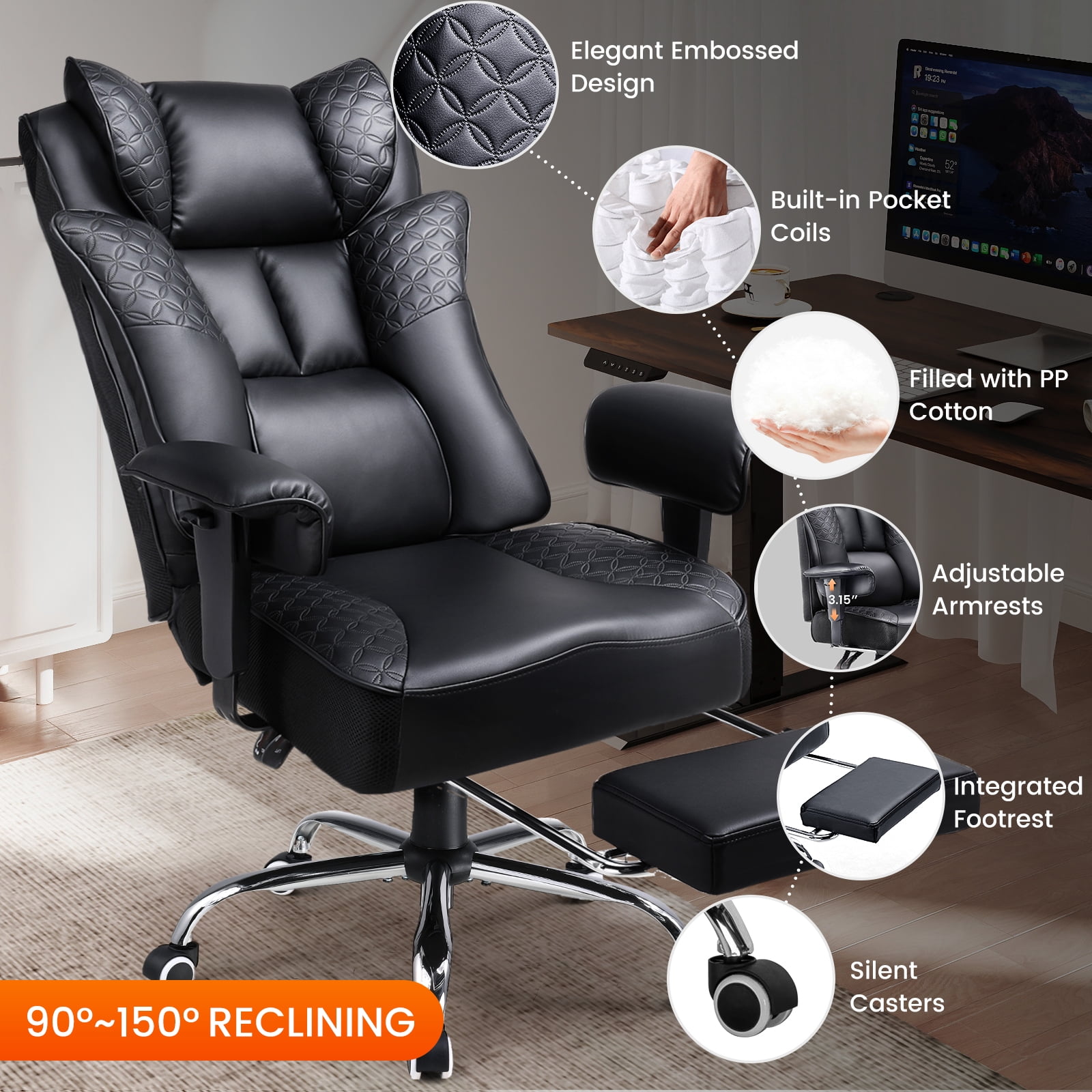 CloudRest Pro 400lbs Executive heavy duty office chair, High Back Ergonomic Computer Desk Chairwith Lumbar Back Support,Black