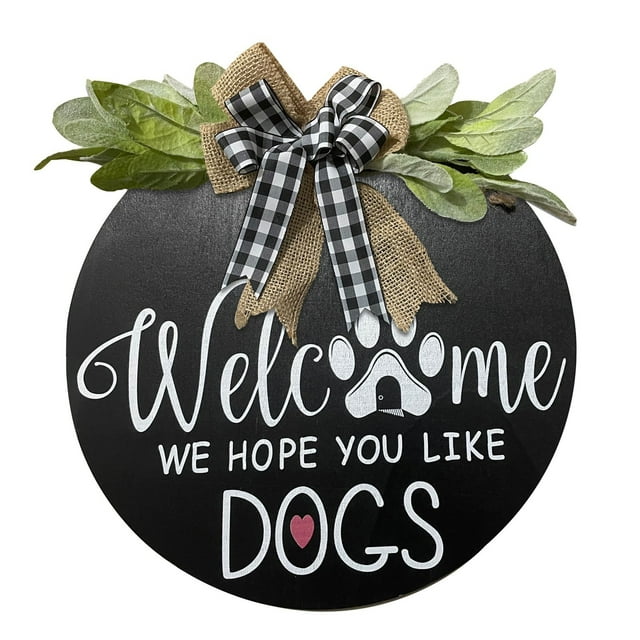Welcome Round Wooden Hanging Sign with Bow Decorative Pet Friendly Door Art