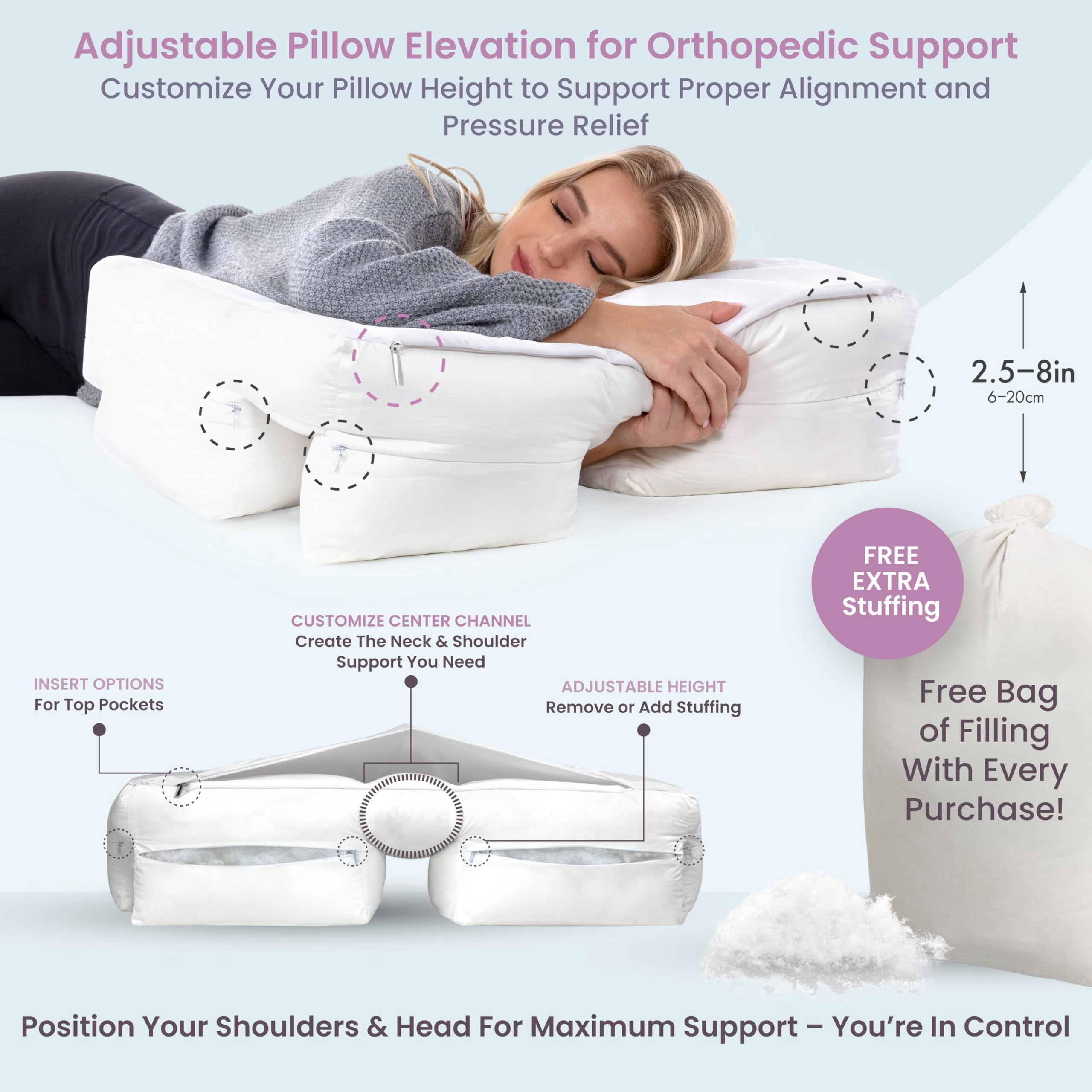 Wife Pillow - Adjustable Side Sleeper Pillow with Arm Tunnels for Shoulder Pain, Rotator Cuff Support, Arm & Shoulder Relief - Pressure-Free Sleep Pillow for Adults - Cooling Shredded Memory Foam