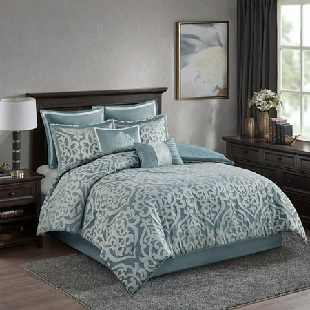 Bedding Sets 8 Piece Jacquard Comforter Set Aqua/Silver Queen Bed Sets