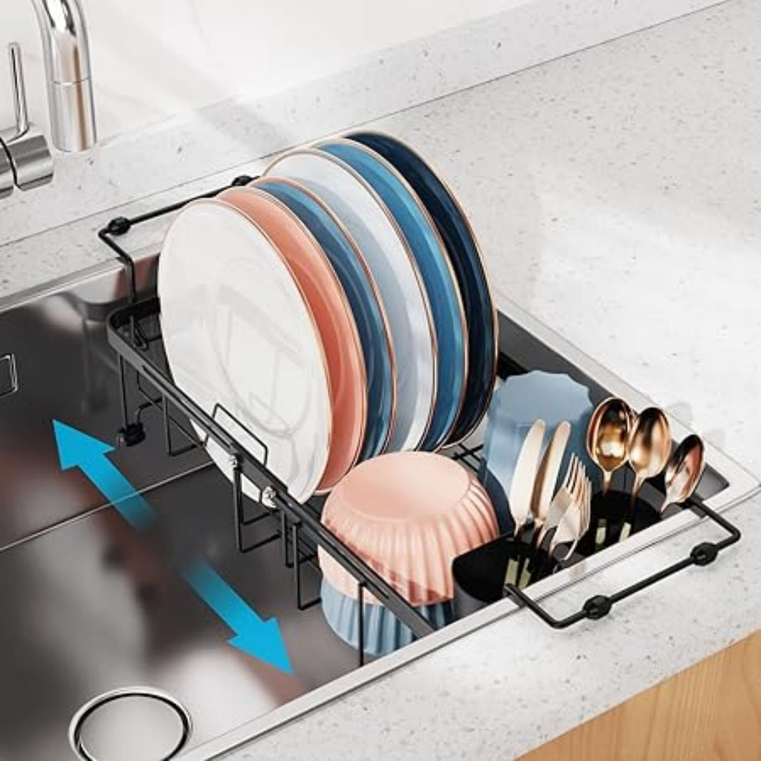 Sink Dish Drying Rack, Capacity Expandable Over Sink Dish Rack (12"-16.8"), in Sink Dish Drainer for Kitchen Counter with Utensil Holder and Handle, Black