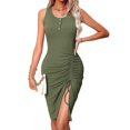thumbnail image 1 of Womens Slit Tight Ruch Midi Dress Ribbed O Neck Sleeveless Party Cocktail Dress Side Drawstring Sexy Dress rose Red XL, 1 of 4