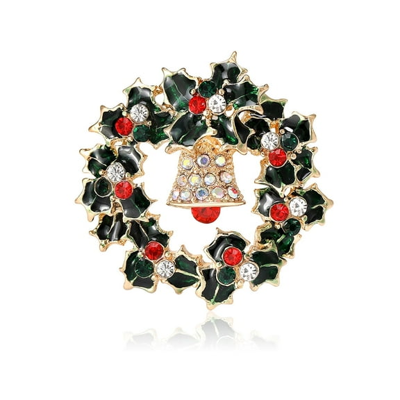 Holly Christmas Wreath Jingle Bell Brooch Lapel Pin for Women CZ Leaf Enamel Pins Corsage for Xmas Party Costumes Brooches Fashion Jewelry Gifts