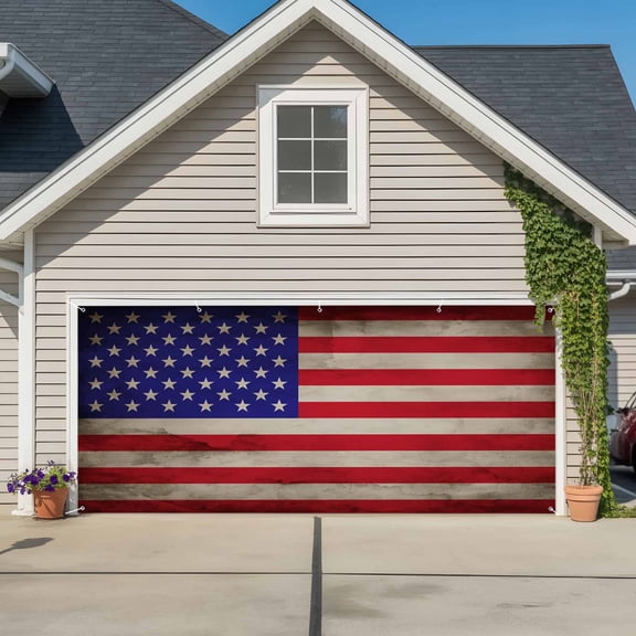 American Flag Garage Door Cover Banner 7 x 8 FT, USA Flag Retro Garage Door Curtains Backdrop with Grommets for Indoor Outdoor Wall Party Porch Yard Decorations Background