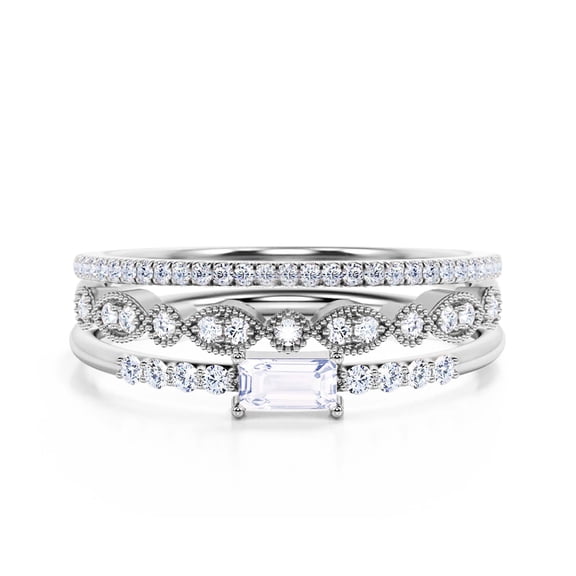 Beautiful Minimalist 1.95 Carat Emerald Cut Diamond Moissanite Engagement Ring, Wedding Ring, Two Matching Band in Silver With 18k White Gold Plating, Gift For Her, Promise, Anniversary Ring