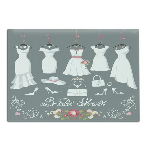 Bridal Shower Cutting Board, White Wedding Dress with Bride Details Bags Florals Print, Decorative Tempered Glass Cutting and Serving Board, Large Size, Charcoal Grey White, by Ambesonne