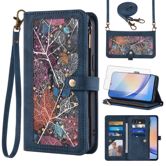 Asuwish Phone Case for Samsung Galaxy A34 5G Wallet Cover With Tempered Glass Screen Protector Crossbody Wrist Strap Flip Pattern Zipper Credit Card Holder Stand Slot Cell A 34 34A Women Men Blue