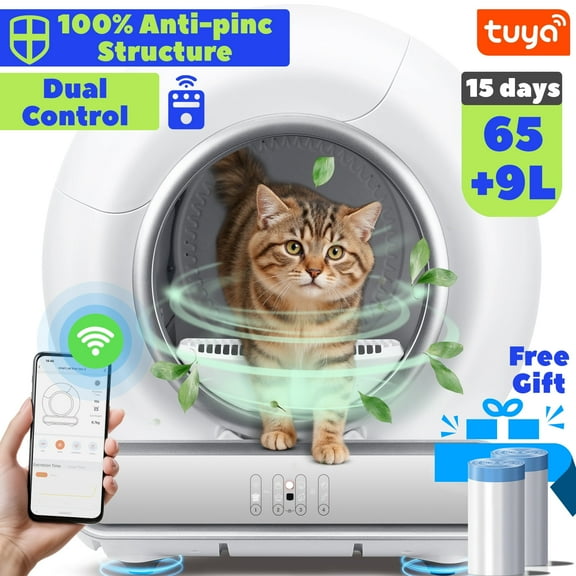 Self-Cleaning Cat Litter Box, Automatic Litter Box w/ 65 9L Extra-Large Capacity for Multi-Cat, App Monitoring & Health Monitoring, Odor Isolation & Smart Radar Detection, Free Liners Gift