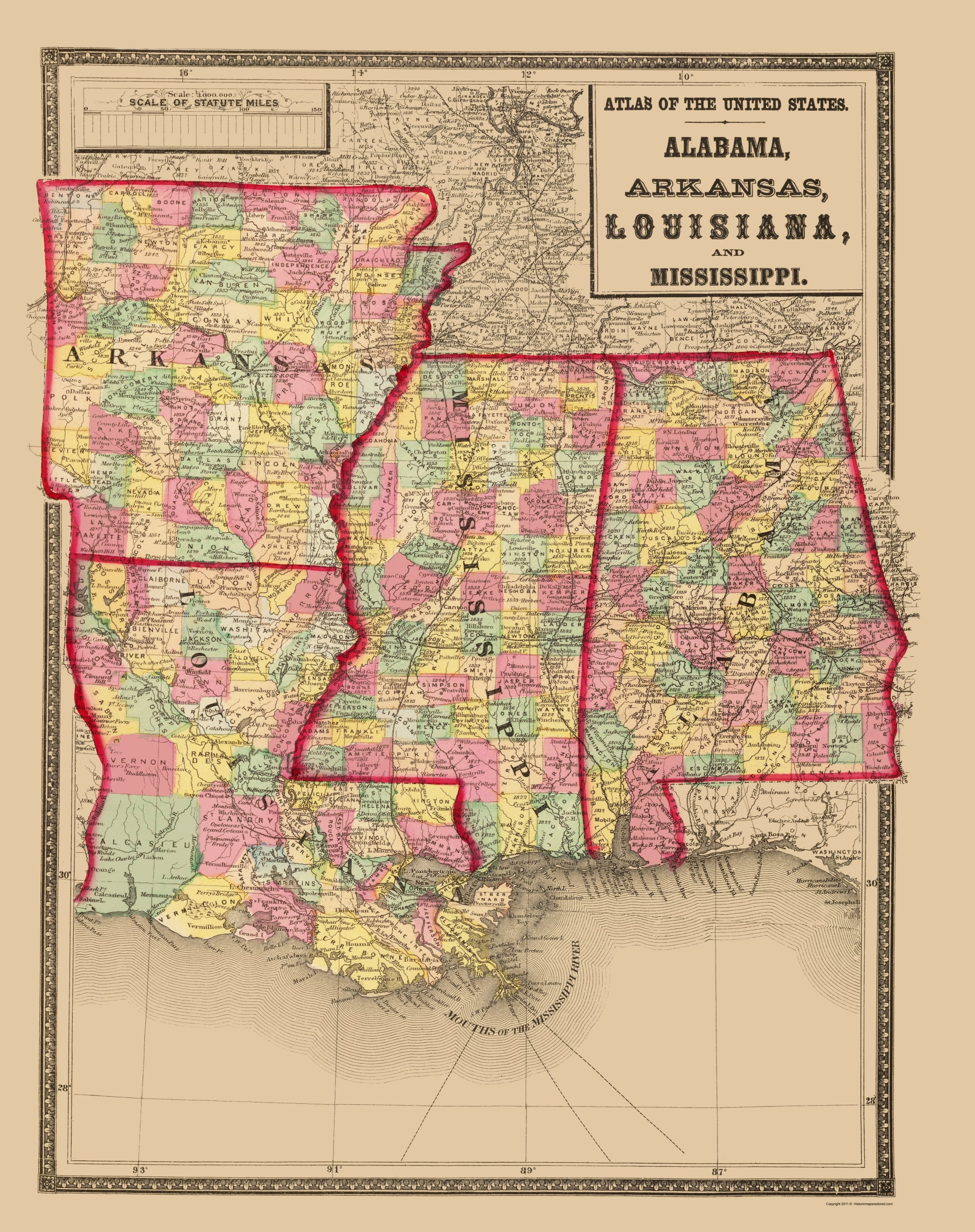 Alabama Arkansas Louisiana Mississippi - Stedman 1873 - 23.00 x 29.07 -  Glossy Satin Paper