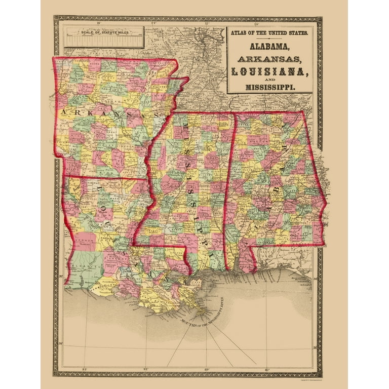 Map of the States of Mississippi, Louisiana, and the Arkansas