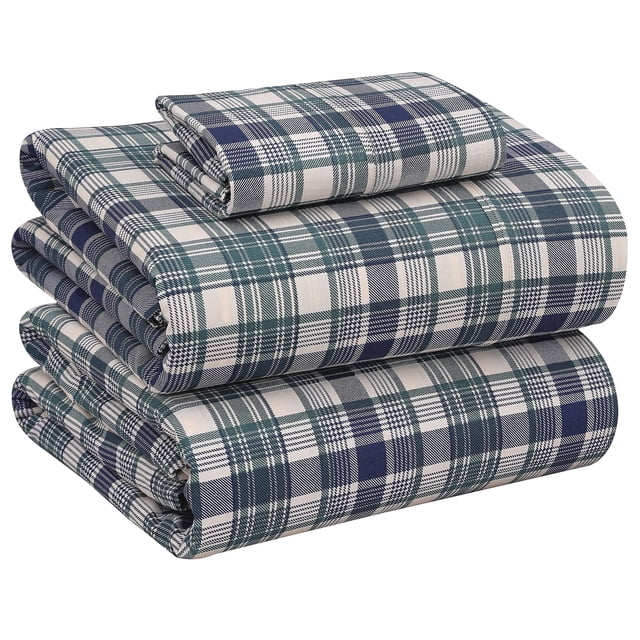 RUVANTI Draps 100 % Coton – Literie Percale Format Simple, Design Floral Rafraîchissant et Respirant, Durable avec une Sensation Nette, Douce et Confortable, Poche de 16 Pouces, Ensemble 3 Pcs, Carreaux Bleu Verdâtre