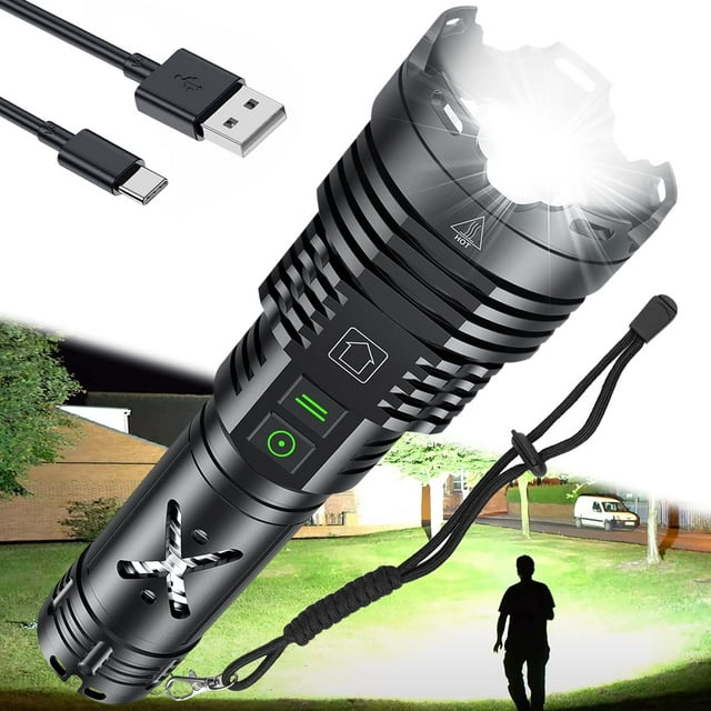 Linternas LED Recargables 5200.000 Lúmenes Altos Linterna Súper Brillante Linterna Táctica Verdaderamente Potente Batería de hasta 24H de Larga Duración Zoomable 6 Modos de Luz IP67 Resistente al Agua