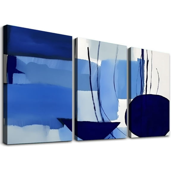 Shadudu Shapes Blue and White Canvas Wall Decor Triptych | Living Room Bedroom Home Office Art 12"x16"x3pcs