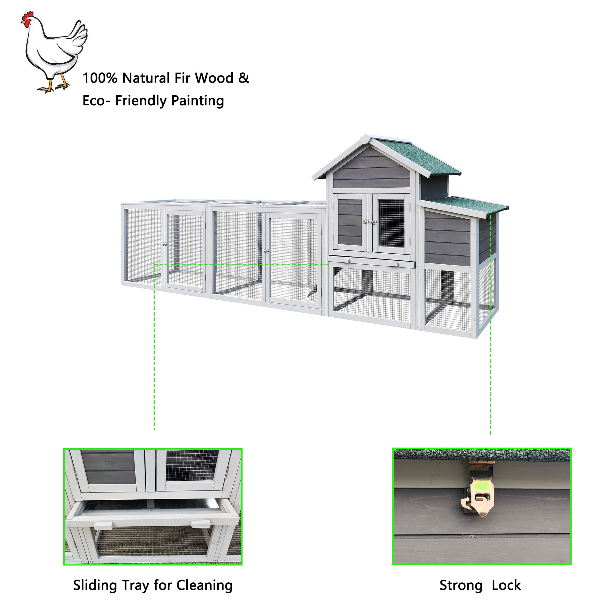 Wooden Chicken Coop Outdoor Hen House with Run, Waterproof Roof & Nesting Box, Rabbit Duck Poultry Cage with Perch, Sliding Tray, and Secure Locks
