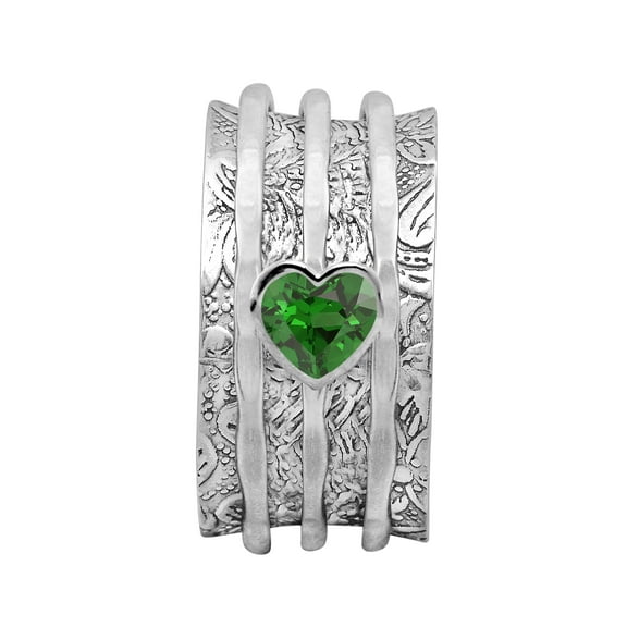 5MM Heart Green CZ 925 Silver Meditation Anxiety Men Women Spinner Ring