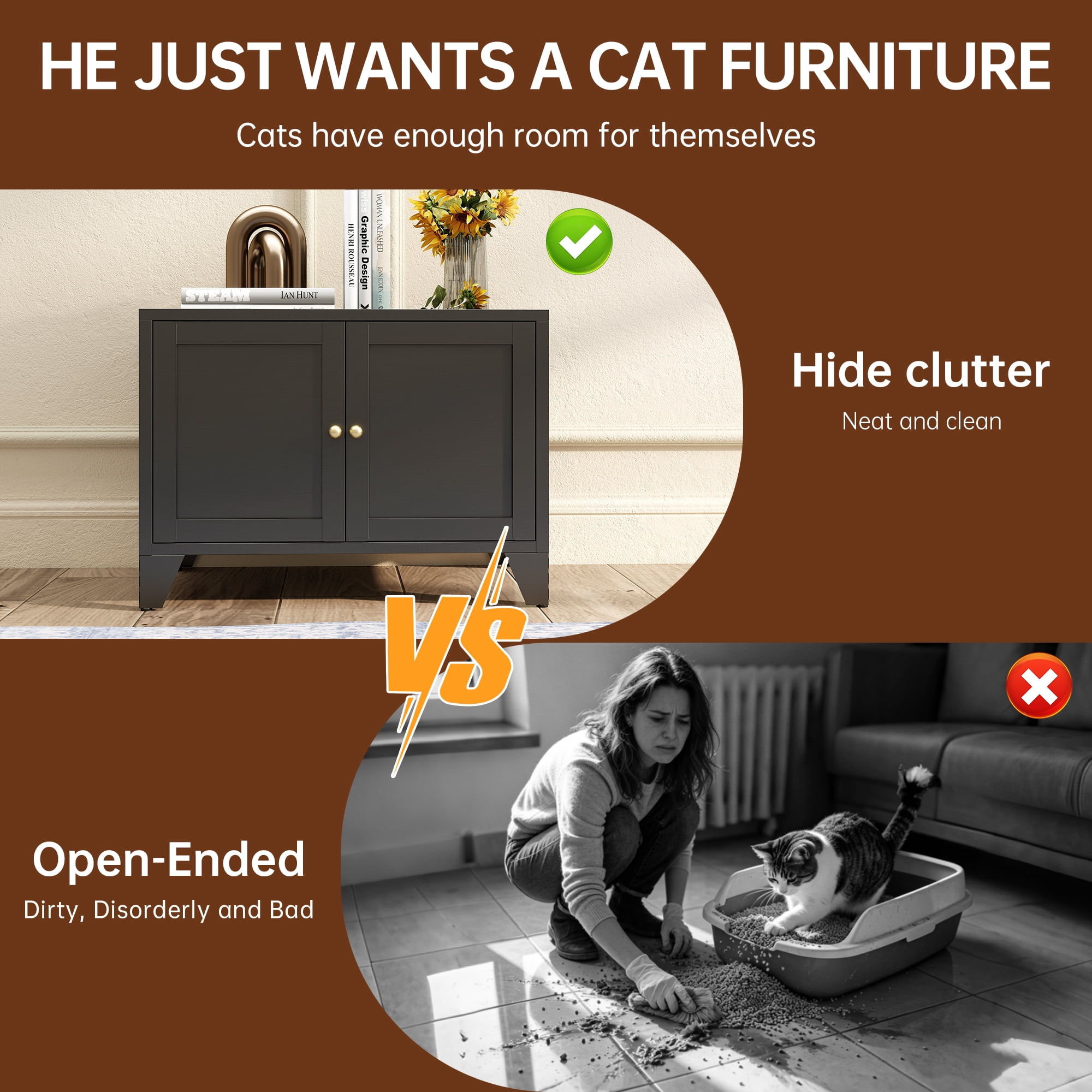 Modern Black Metal Cat Litter Box Enclosure, Hidden Litter Box Furniture Freestanding Pet Washroom Cabinet, Decorative Indoor Pet Side Table Fits Most Standard Litter Boxes