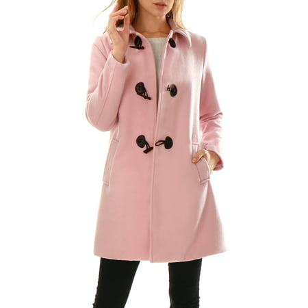 Women's Turn Down Collar A-line Long Sleeves Toggle Coat Pink (Size S /