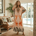 thumbnail image 3 of Oussum Kaftan for Women Plus Size Ornamental Print Peach Maxi Dress, Polyester V-Neck Kimono 3/4 Sleeve Relaxed Fit Dress, One Size 1X–3X, 3 of 5