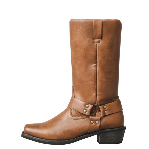 Men's Tall Western Cowboy Boots with Harness Strap - Square Toe High Shaft Boots for Casual & Outdoor Wear (Available in Black & Brown)