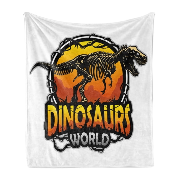 Dinosaur Soft Flannel Fleece Blanket, Dinosaurs World Emblem with Tyrannosaur Skeleton Dead Scary Beast Fossil, Cozy Plush for Indoor and Outdoor Use, 50" x 60", Orange Yellow Grey, by Ambesonne