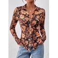 thumbnail image 6 of PRETTYGARDEN Women Button Down Floral Shirts Fall Trendy Long Sleeve V Neck Ruched Fitted Mesh Blouse Tops Date Outfits, 6 of 11
