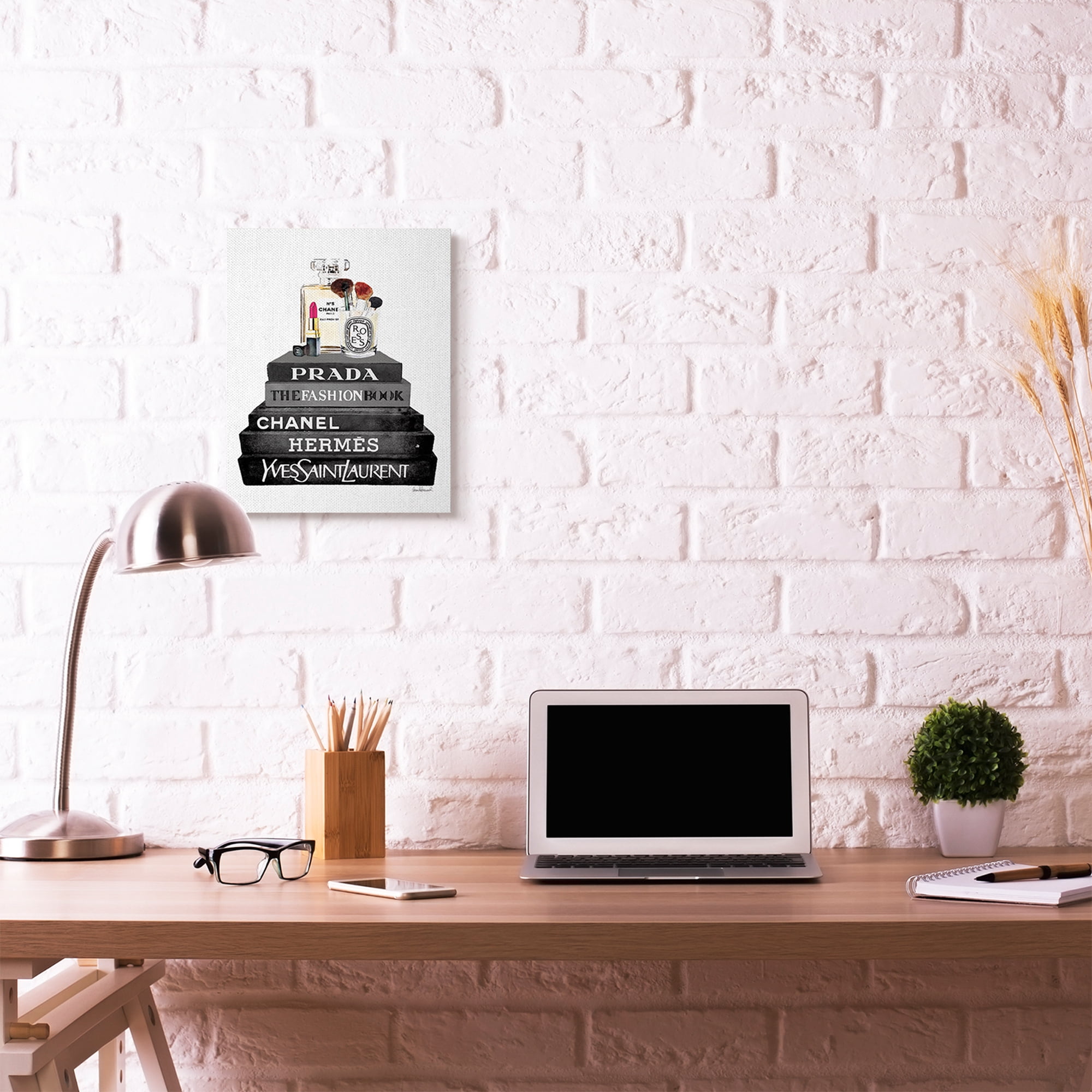 Stupell Industries Fashion Designer Makeup Bookstack Black And White Watercolor Canvas Wall Art by Amanda Greenwood