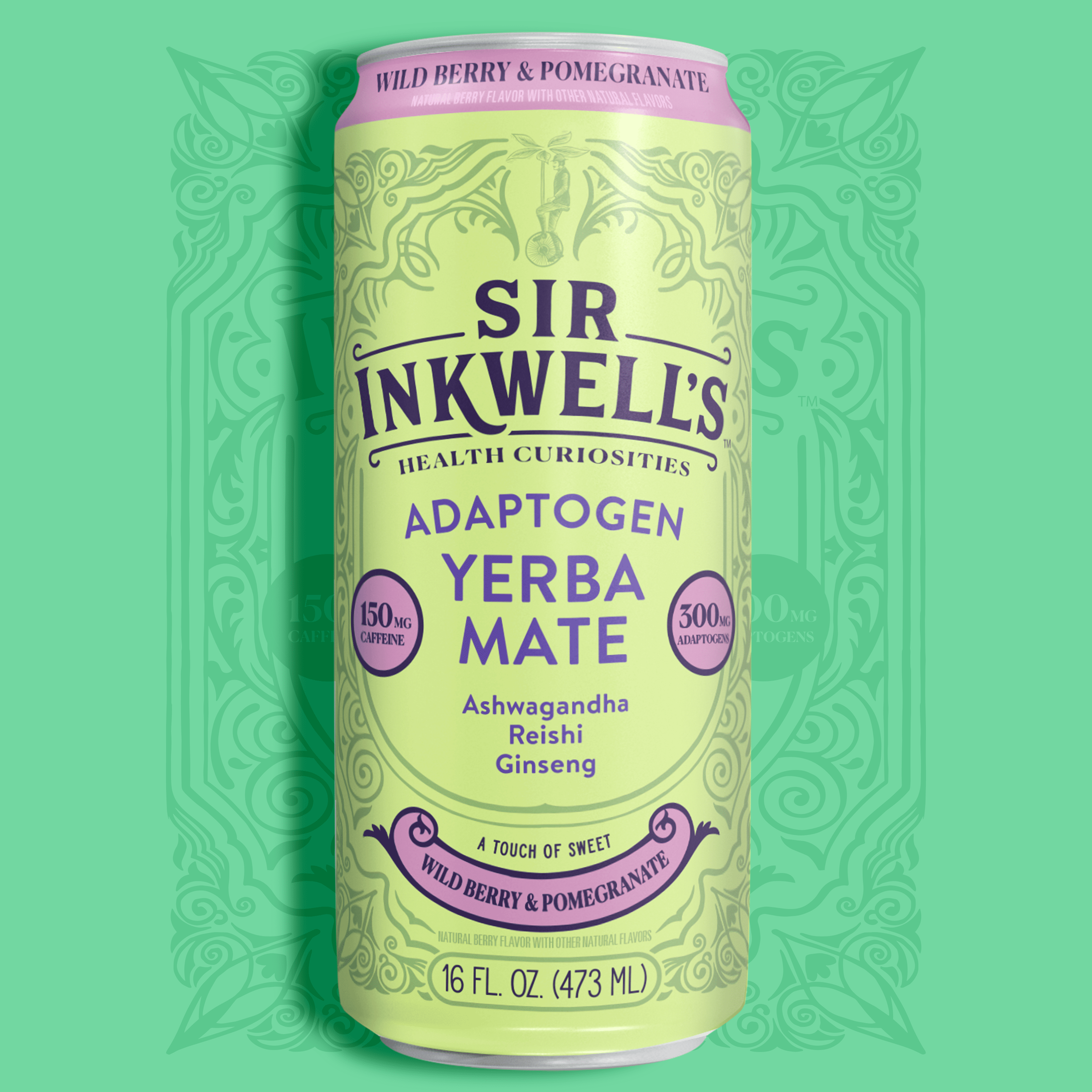 Sir Inkwell's Adaptogen Yerba Mate with Ashwagandha, Reishi and Ginseng, Wild Berry & Pomegranate, 16 oz, 12 Pack