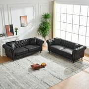 83 Luxury Chesterfield Leather Sofa, Mid Century Modern 3 Seater Couch w/Roll Armrest, Comfy Sleeper Cloud Couches SofaBed for Office, Apartment Living Room & Bedroom, Easy Assembly, Black