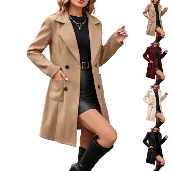 UDAUDU Women's Winter Wool Blend Mid-Long Coat Notch Collar Double Breasted Pea Coat Trench Elegant Jacket Outwear XL
