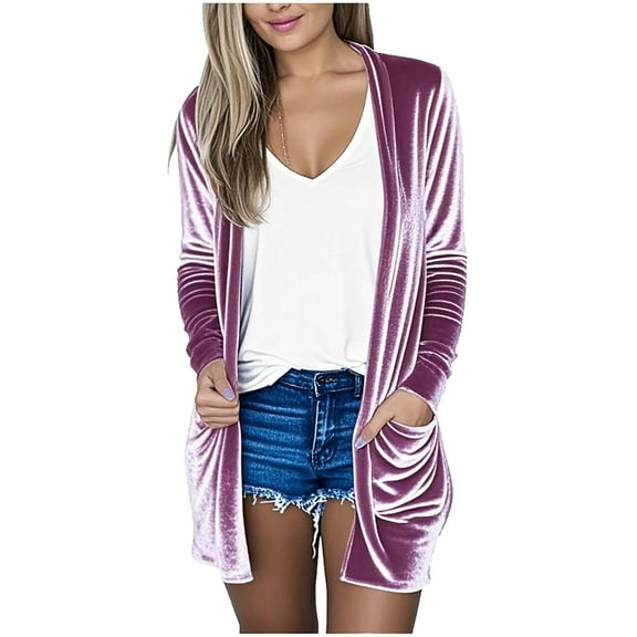 Jtjvou Long Sleeve Velvet Cardigan for Women Plus Size Soft Thin Cardigans Tops Open Front Casual Loose Breathable Cover Ups Dusters Trendy Lightweight Pink S