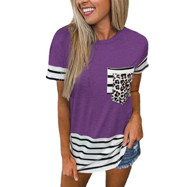 Nouveau T-Shirt Décontracté pour Femmes à Manches Courtes, Imprimé Rayé, Patchwork, Col Rond, Grande Taille, Poches, Blouse Ample