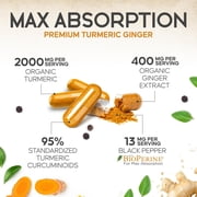Turmeric Curcumin Supplement - 2000mg Organic Turmeric & 400mg Organic Ginger per Serving - 95% Curcuminoids & BioPerine Black Pepper for Best Absorption & Joint Support, Bottled in USA - 60 Capsules