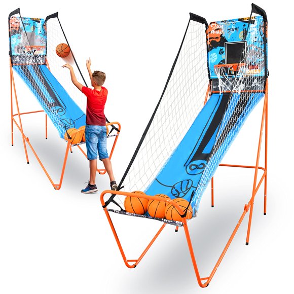 SereneLife Single Hoop Basketball Shootout Indoor Home Arcade Room Game with Electronic LED Digital Basket Ball Shot Scoreboard&Play Timer Fold-up Court Shooting Sp