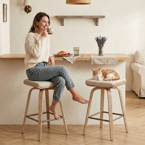 Guyou 26" Swivel Counter Height Bar Stools Set of 2, Modern Backless Counter Height Bar Stools with Linen Upholstered, Farmhouse Bentwood Saddle Seat Wooden Island Chairs for Kitchen Pub, Beige