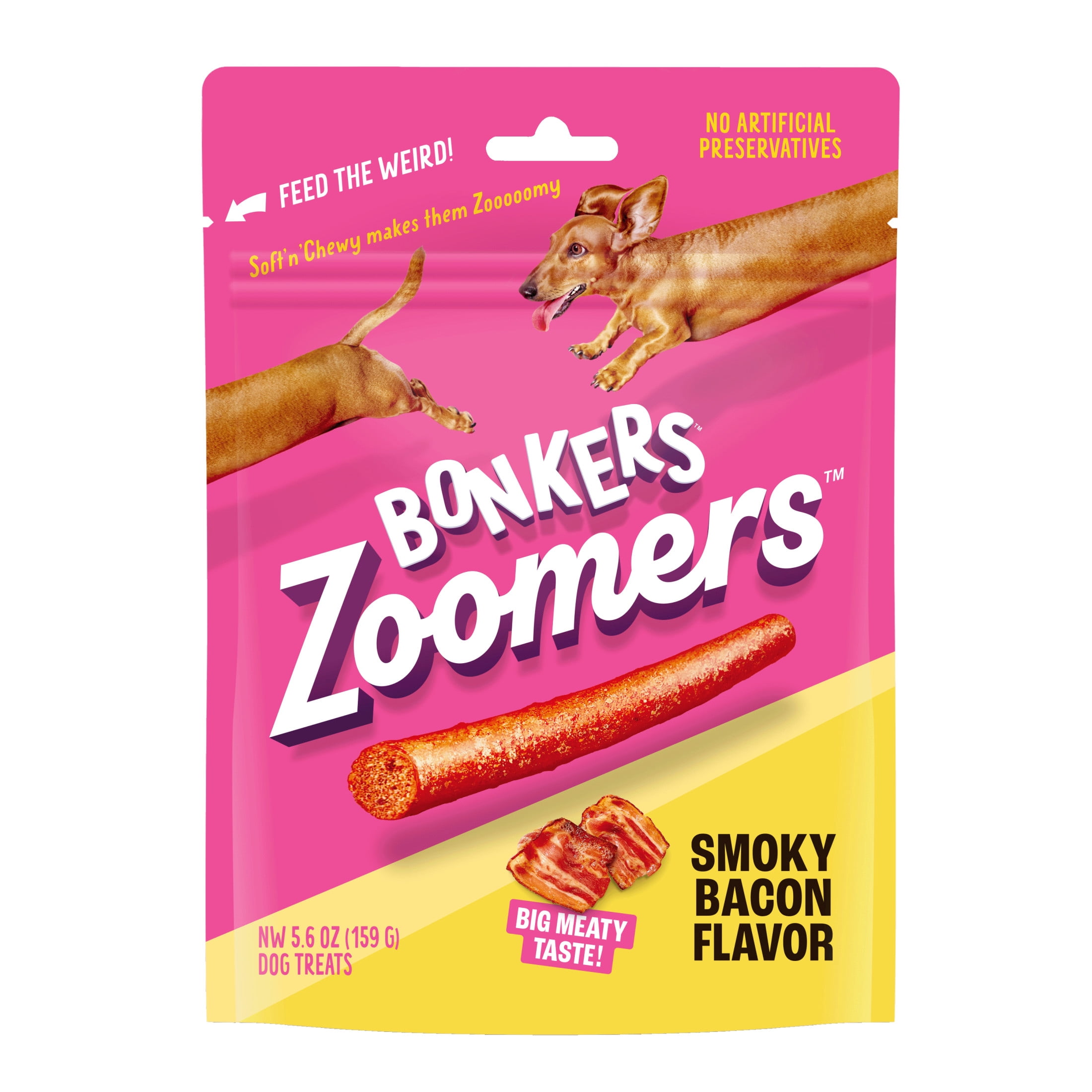 (4 pack) BONKERS Zoomers Smoky Bacon Flavor Soft & Chewy Treats for Dogs, 5.6oz Bag