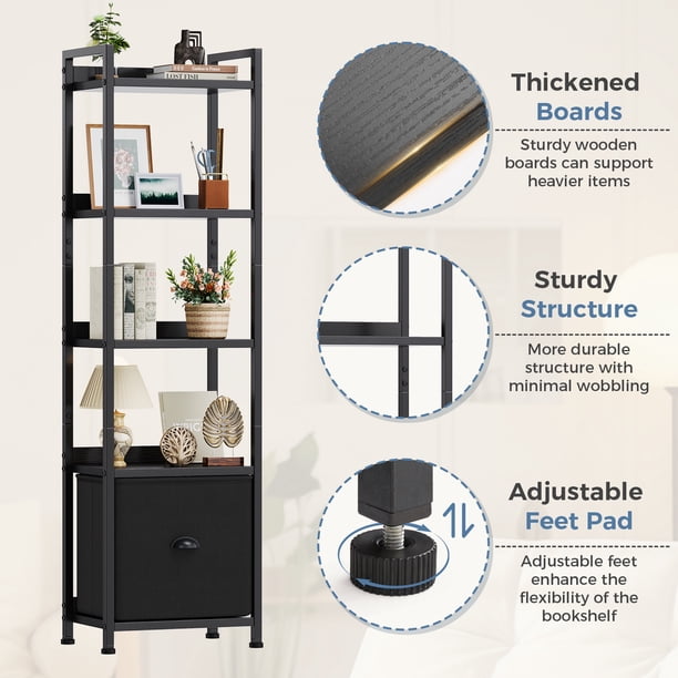 Gianna 5 Tier Bookshelf with Drawer, Tall Narrow Bookcase Storage