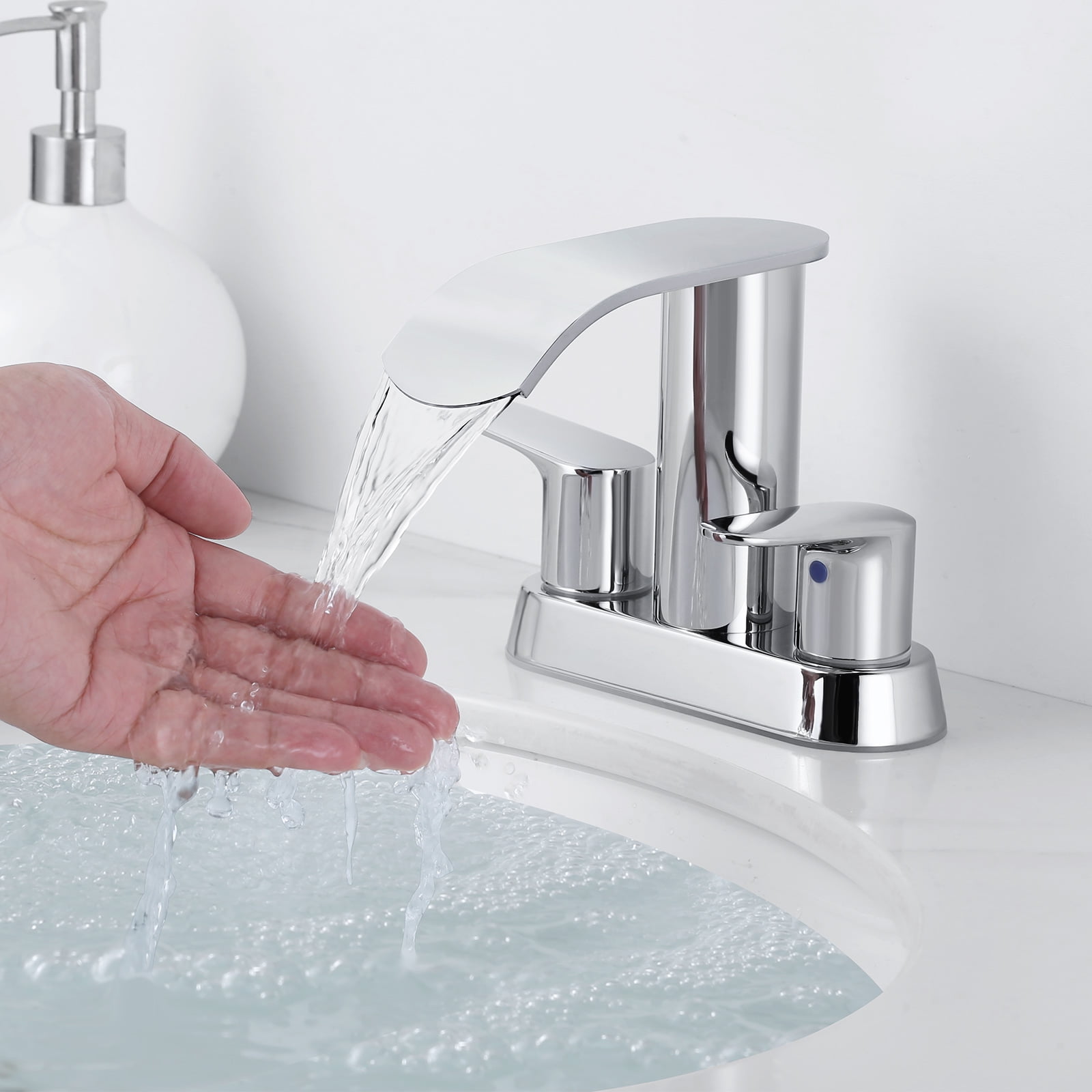 WOWOW Waterfall Bathroom Sink Faucet,Chrome Two Handles Bathroom Faucet with Metal Pop up Sink Drain Stopper, 2 or 3 Holes Bathroom Basin Lavatory Mixer Tap with Deck Mount Plate