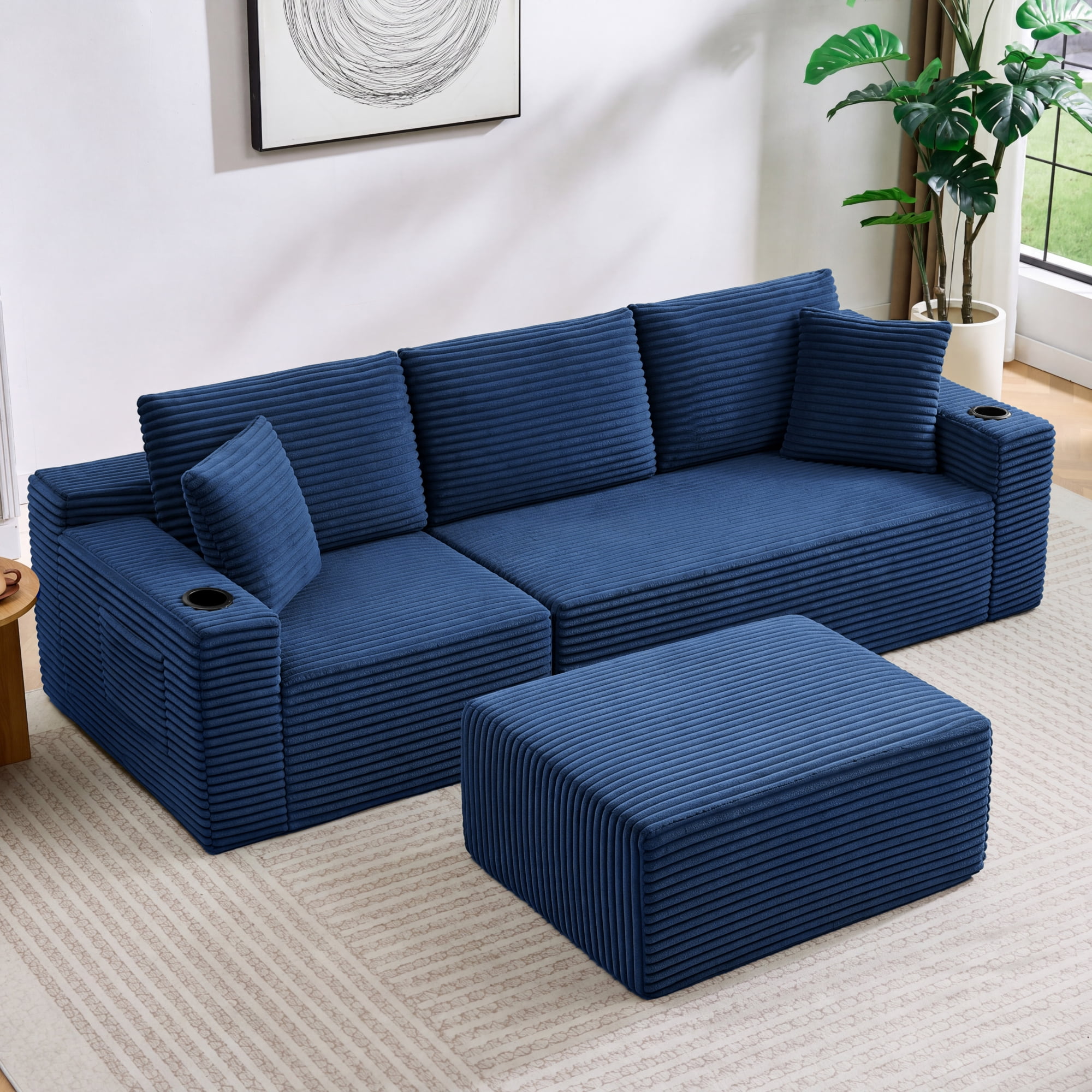 HOQBN L-Shaped Sectional Sofa with Ottoman, Corduroy 3-Seat Couch, Modern Modular Sofa for Living Room Blue