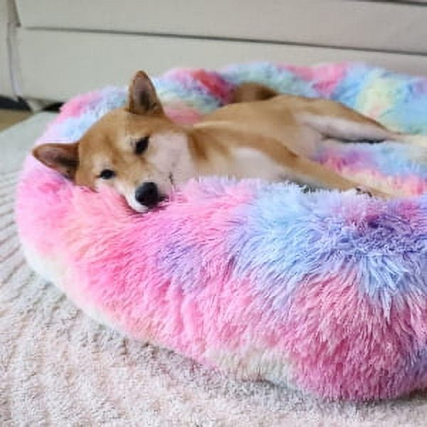 Exclusivo Mezcla Calming Donut Pet Bed for Medium Dogs 32", Anti-Anxiety Plush Cozy Warming Dog Bed, Pink Rainbow