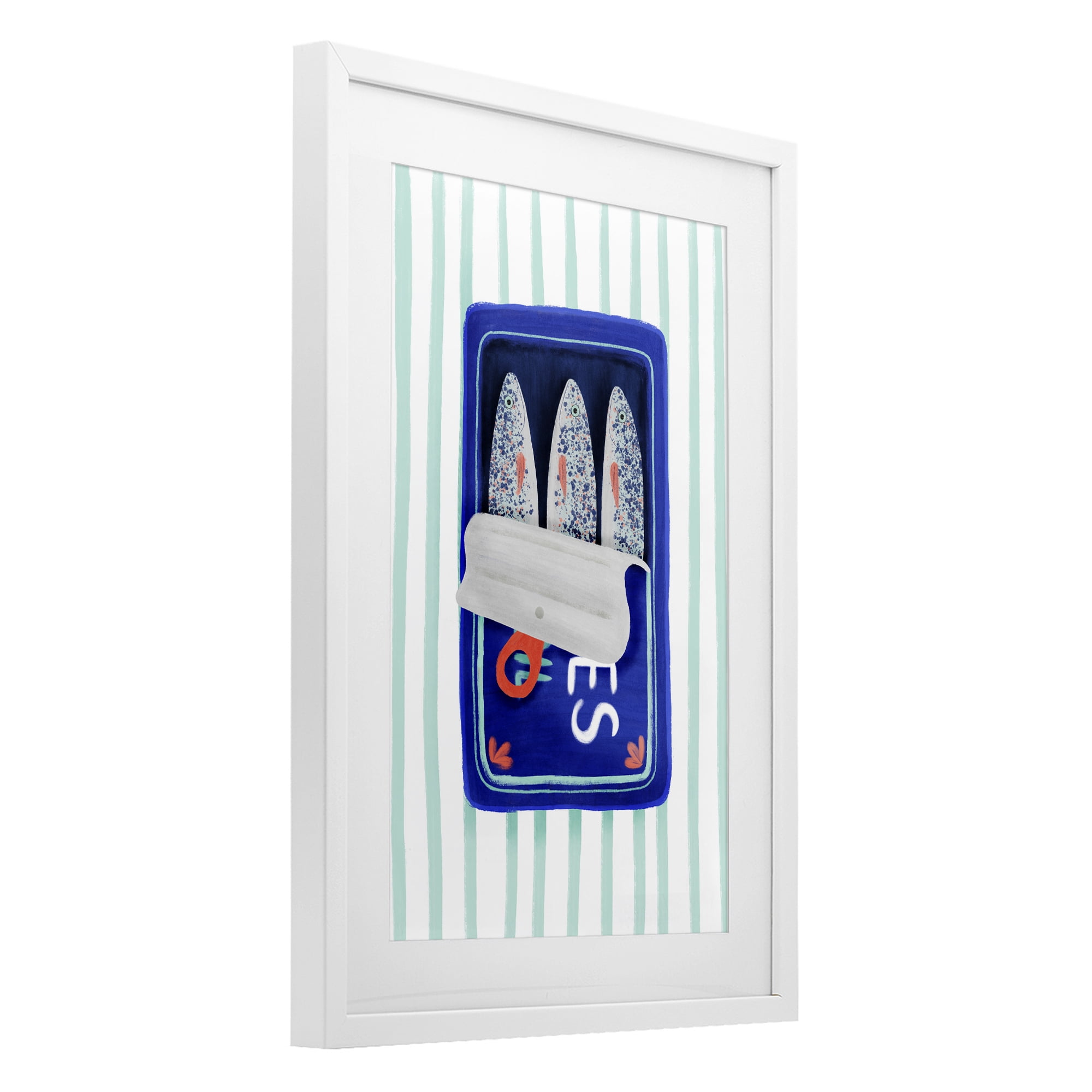 Stupell Industries Blue Sardines on Stripes White Framed Print Under Glass, design by Metka Hiti