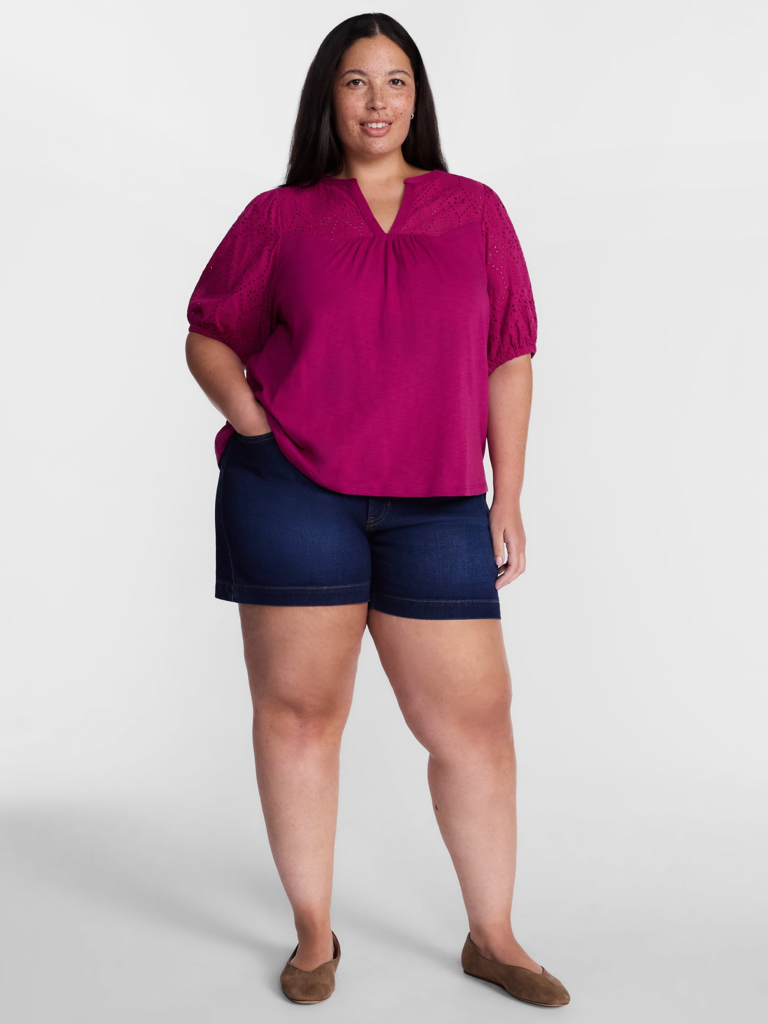Terra & Sky Women's Plus Eyelet Yoke Top with Short Puff Sleeves, Sizes 0X-5X