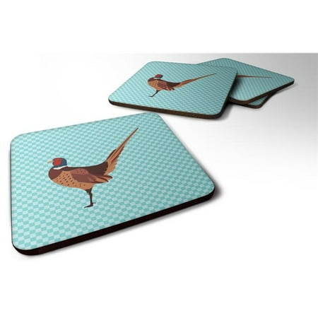 

Ring-necked Common Pheasant Blue Check Foam Coaster Set of 4