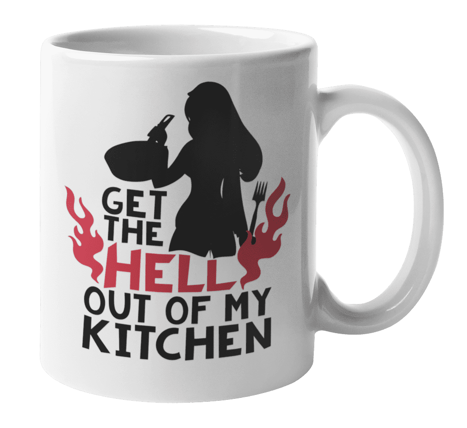 Get The Hell Out Of My Kitchen With Silhouette Of A Cooking Woman Funny Coffee Tea Mug Culinary Arts Stuff For A Home Cook Or Chef Mom Grandma Sister Girlfriend