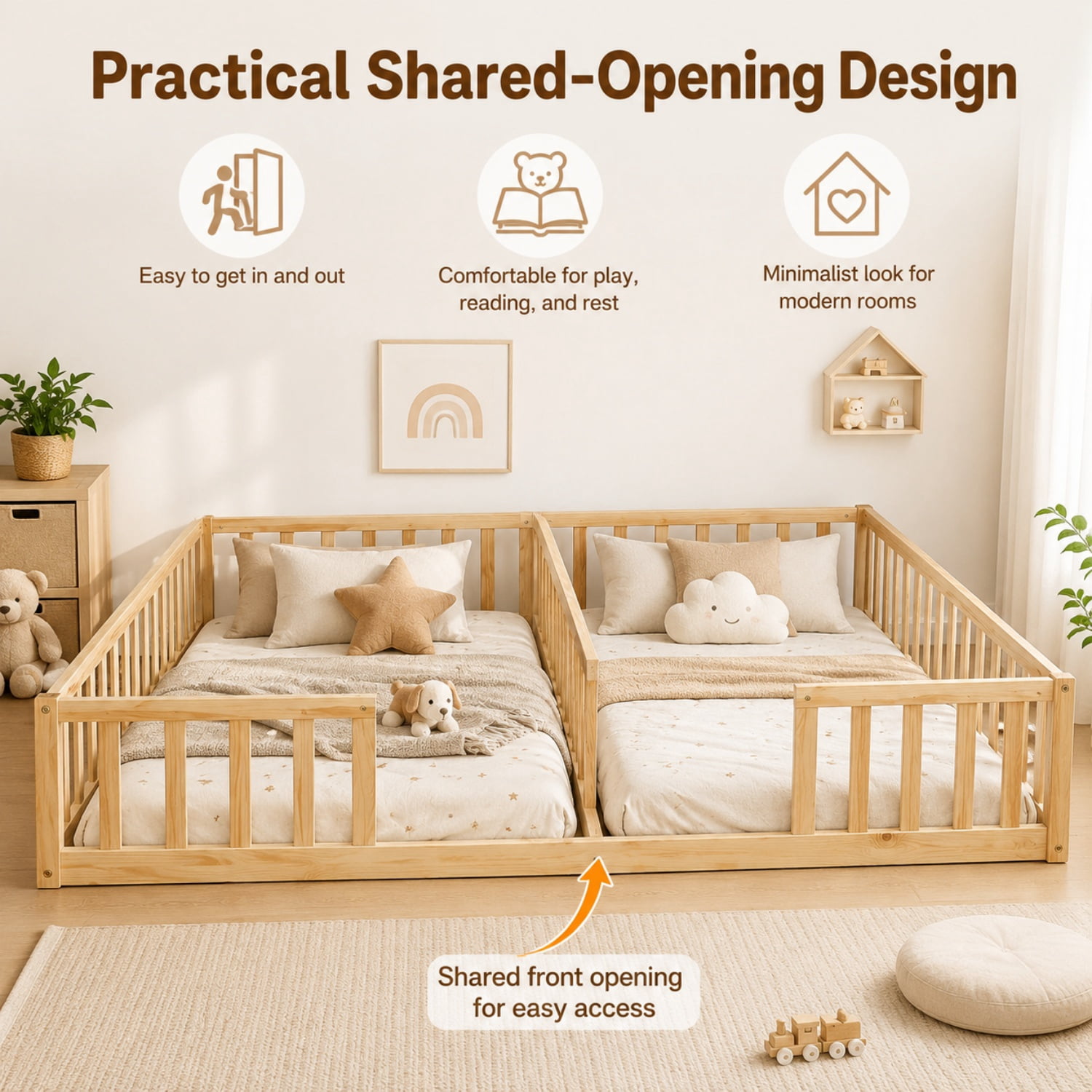 Miniyam Double Twin Floor Bed for Kids, Wood Bed Frame with Guardrails, Low Profile Design, Natural