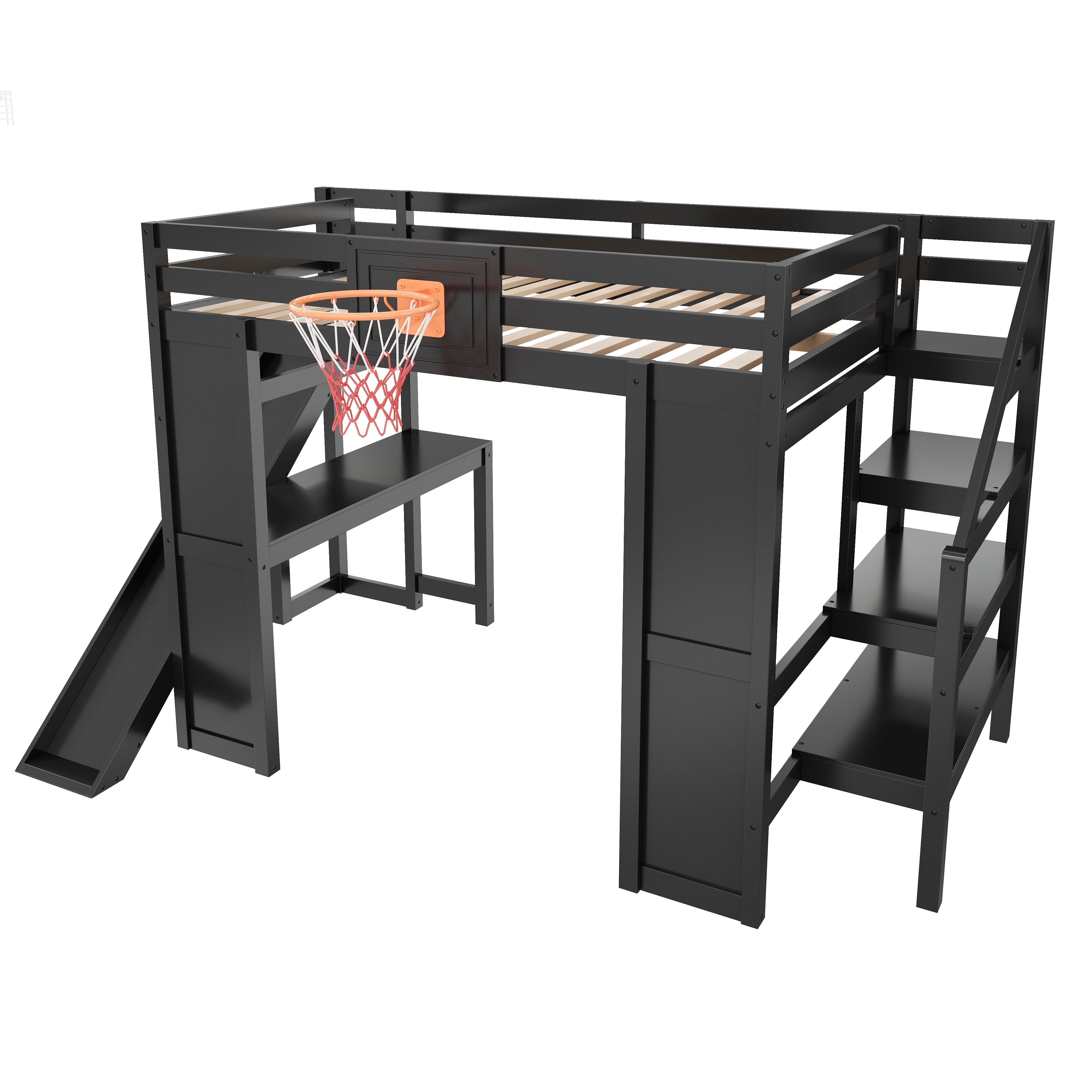 Euroco Wood Full Size Loft Bed with Desk and Shelves, Storage Bed with Basketball Hoop and Slide, Black