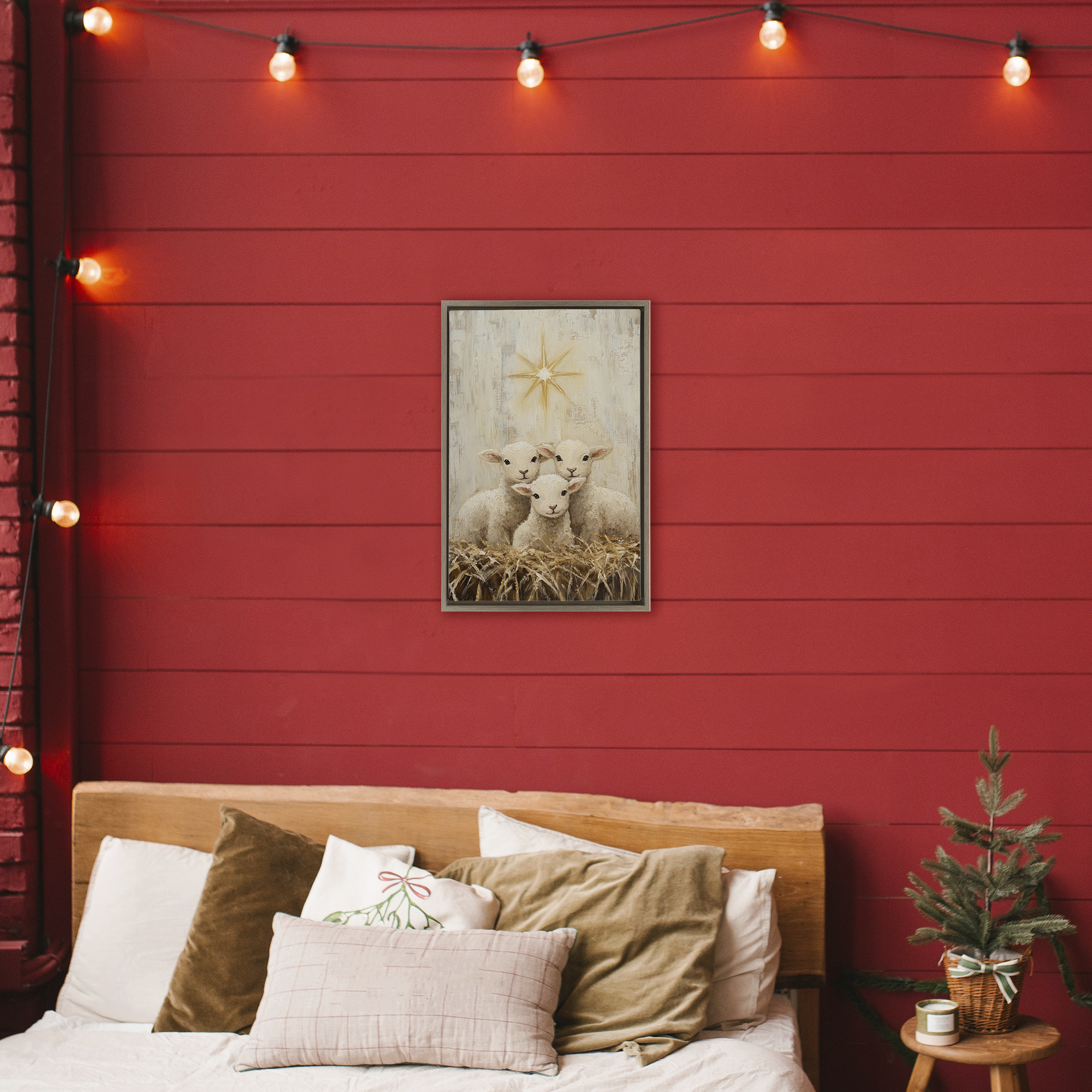 Christmas Lambs Trio Brown Framed Floater Canvas Wall Art, design by Petal Prints Design