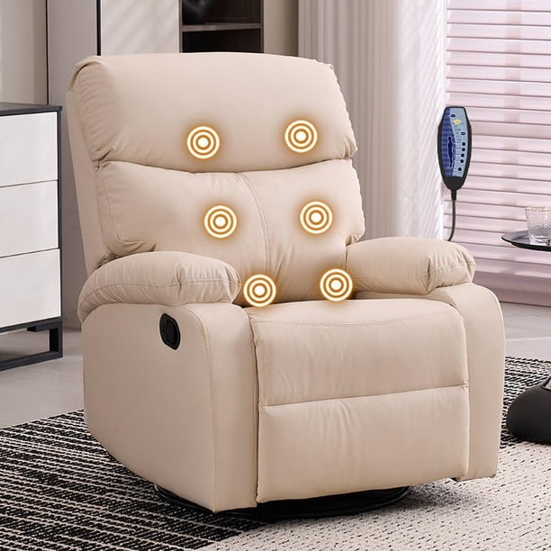Sillon Masajeador, Sillon Reclinable de 360° Adultos Tipo Cine 8 Modos de Masaje con Soporte Lumbar, Reposapiés Retráctil, Sillas Giratorias Manuales para Sala de Estar y Dormitorio (Beige)