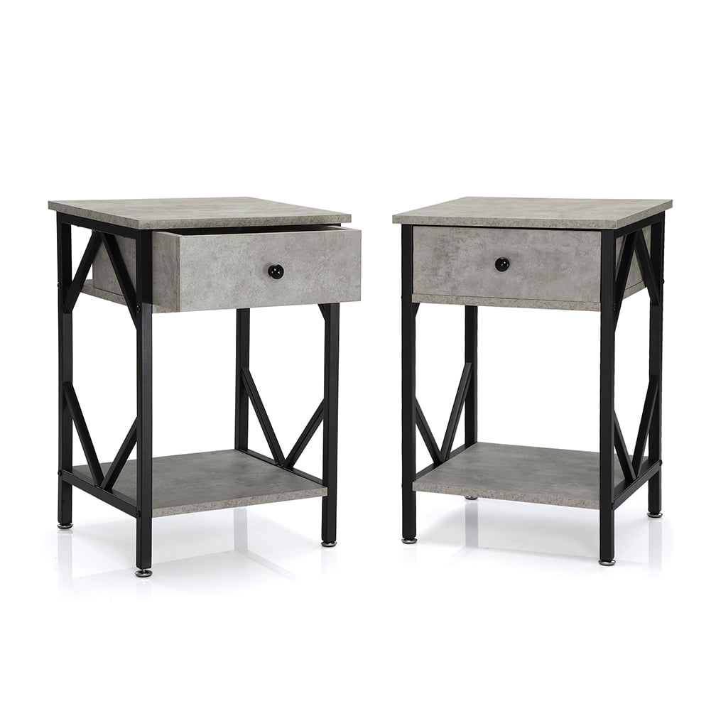 Resenkos Industrial Nightstand Set of 2 with Storage Shelf , Metal Frame Bedside Table for Bedroom Gray