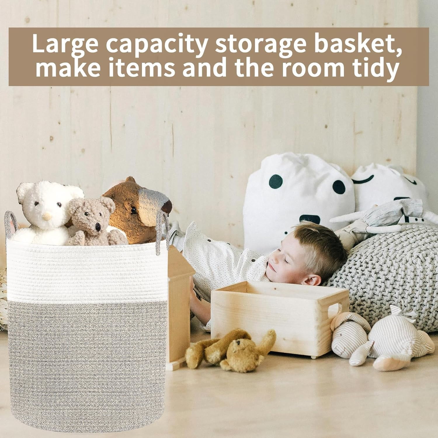 Laundry Basket Large Woven Rope Laundry Hamper 60L Foldable Tall Storage Basket with Handle for Decor Storage of Dirty Clothes Toys and Blankets in Bathroom Bedroom Living Room White & Brown